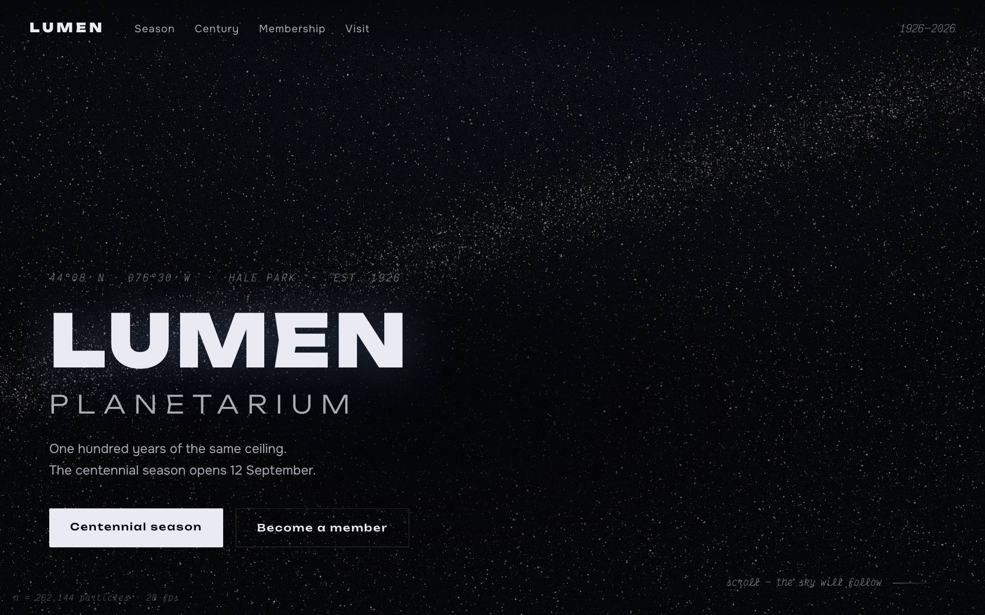 Lumen Planetarium — a quarter-million-particle sky