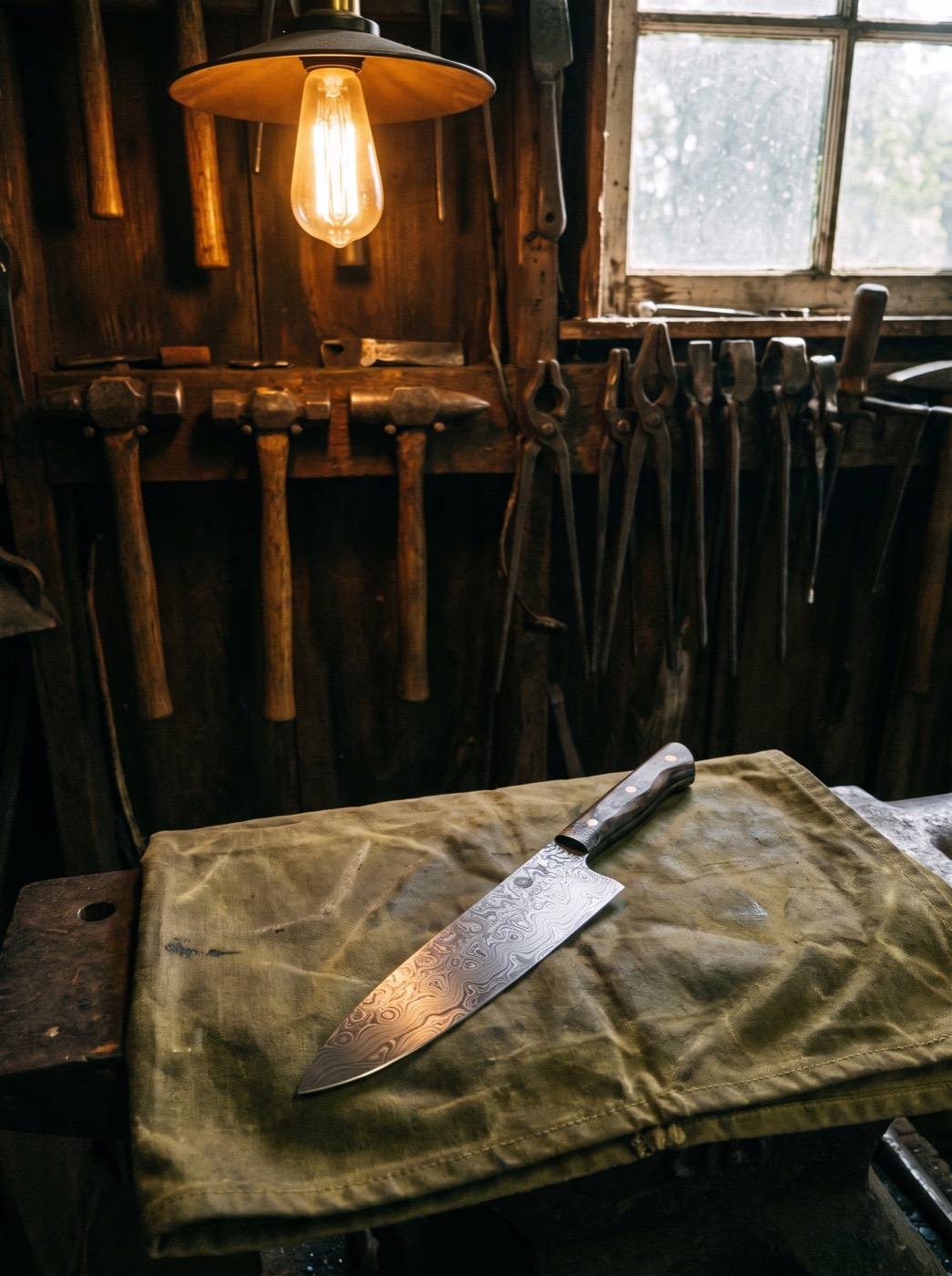 A finished chef's knife with a rippled 256-layer damascus blade and oiled walnut handle, resting on waxed canvas on the forge workbench, hammers and tongs hung on the wall behind.